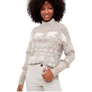 Loft Polar Bear Sweater sz Small Tan Neutral Fringe Mock Neck Animal Novelty